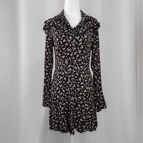 Long Sleeve Black Button Up Peasant Dress - Picture 1 of 5